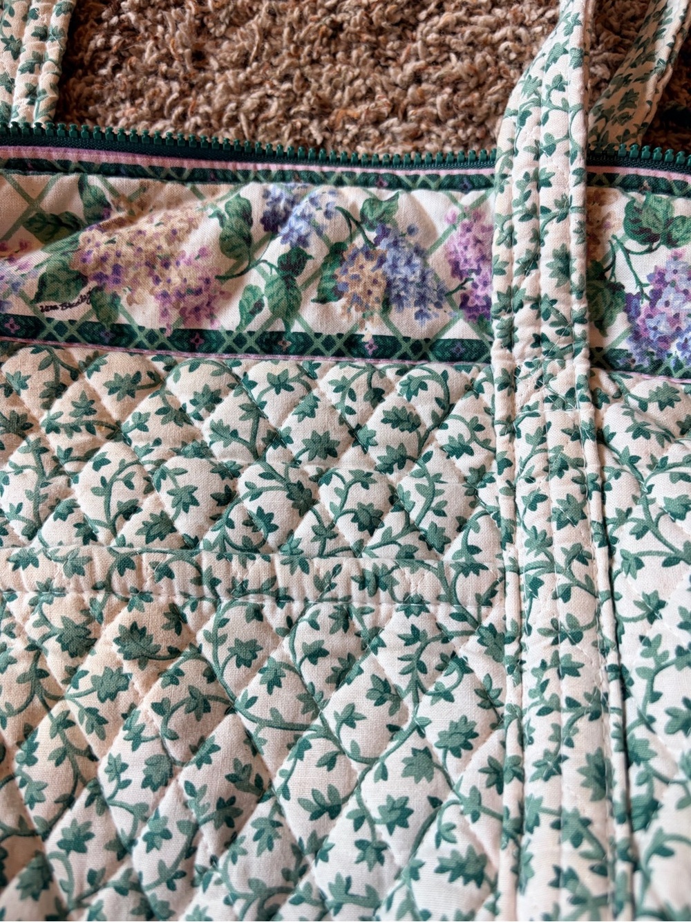 Vintage Vera Bradley Quilted Floral Tote in Cream and Green with Lavender Accent - Picture 2 of 5